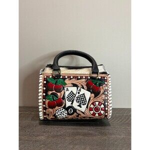 Hand Crafted Tooled Leather Cowhide Satchel Bag Western Rockabilly Gamble Small